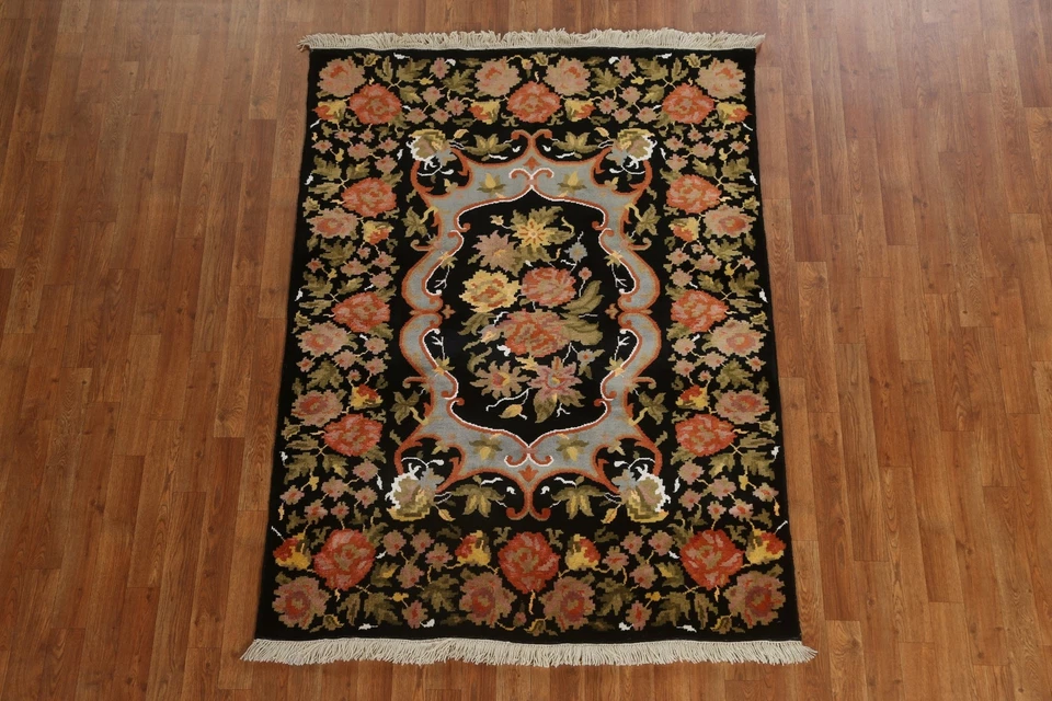 Vegetable Dye Floral Black Aubusson Oriental 4'x6' Area Rug Handmade Wool Carpet - Image 2 of 4