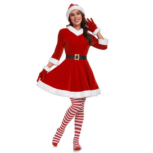 5 Pcs Santa Claus Costume Velvet Dress Women Christmas Suit - Picture 2 of 8