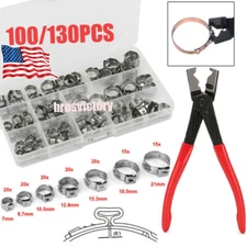 130PCS Single Ear Stepless Hose Clamps 6.5-21mm Stainless Steel +1PC Clamp Tools