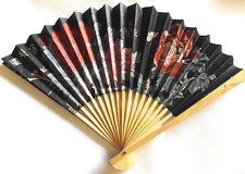 CHINESE JAPANESE GEISHA FANCY DRESS COSTUME BLACK PAPER WOOD DECORATIVE FAN 26cm