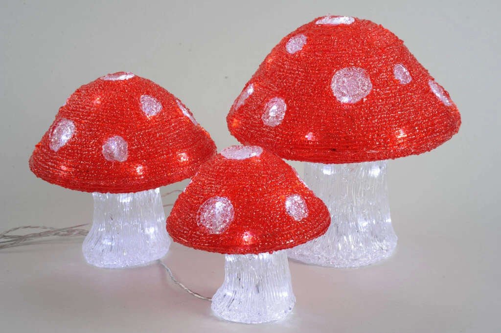 Set 3 Of Red Garden LED Toadstool Acrylic Christmas Mushroom