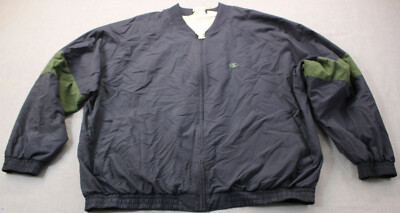 Champion Logo Mens Navy Blue w Green Stripes Full Zipper Lined Varsity Jacket XL