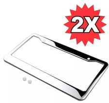 2PCS CHROME STAINLESS STEEL METAL LICENSE PLATE FRAME TAG COVER WITH SCREW CAPS
