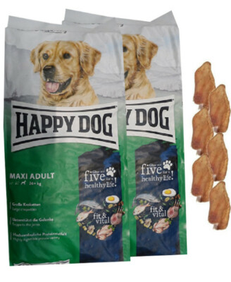 2x14kg Happy Dog Adult Maxi Hundefutter +  6 x Kaninchenohren