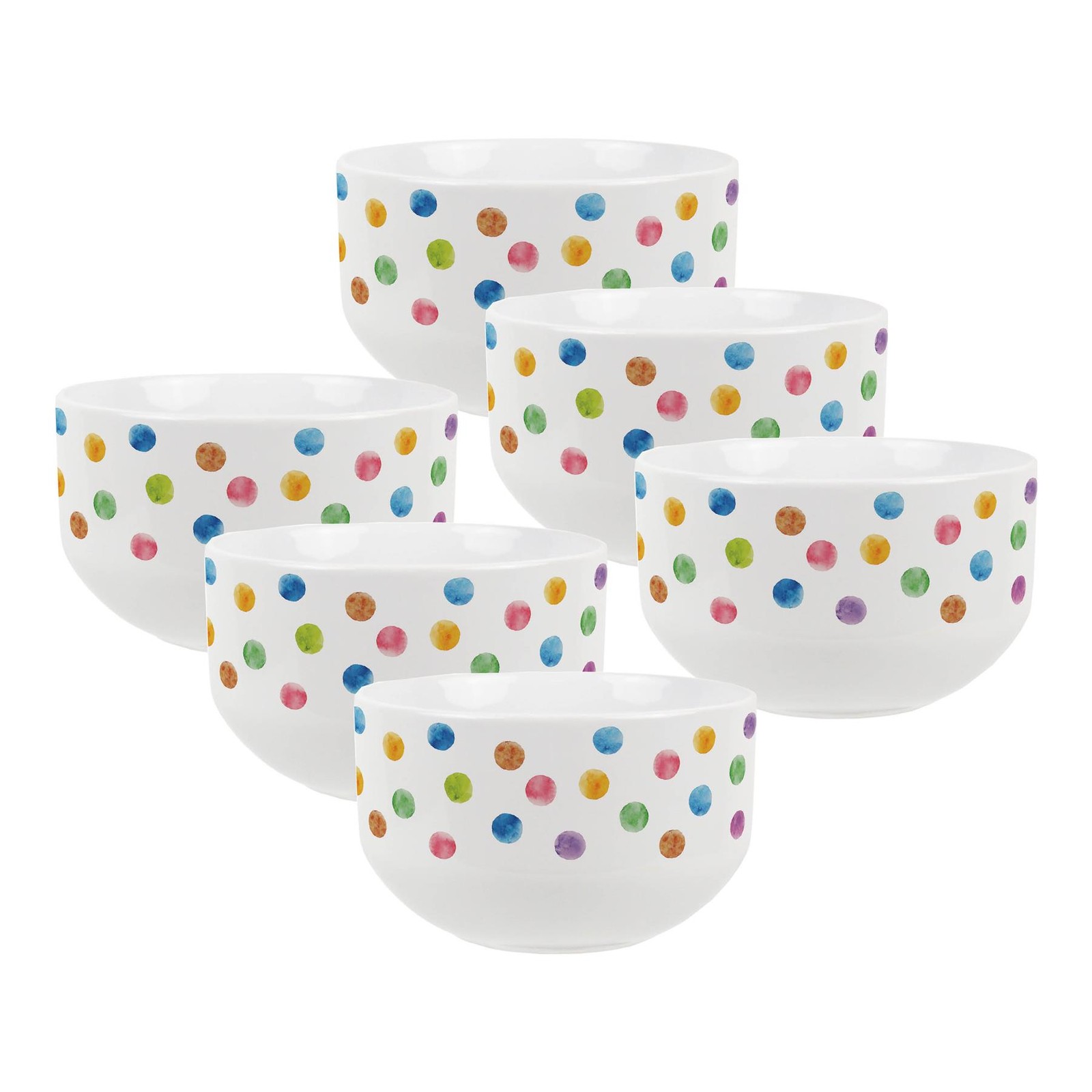 Polka Dots Large Cereal Bowl Set - 6x Ceramic Multicolour Serving Bowls