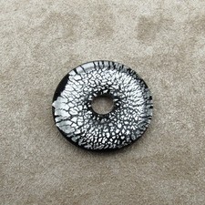 42mm Thick Glass Lampwork Donut Pendant, Silver Foil, Black Back