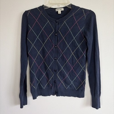 Cherokee Size S Women s Navy Blue Button Down Cardigan W/Argyle Pattern Preppy