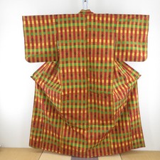Tsumugi kimono Silk Checkered pattern with kasuri Yellow 62.6inch Women's