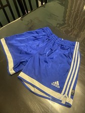 VINTAGE Y2K ADIDAS SATIN SOCCER SHORTS MENS Large BLUE WHITE Shiny CLIMALITE
