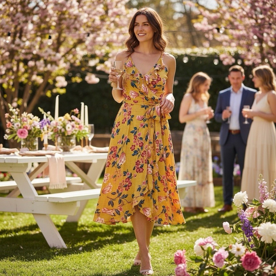 AUW 12 wrap dress | yellow floral sleeveless knee V neck | casual party races