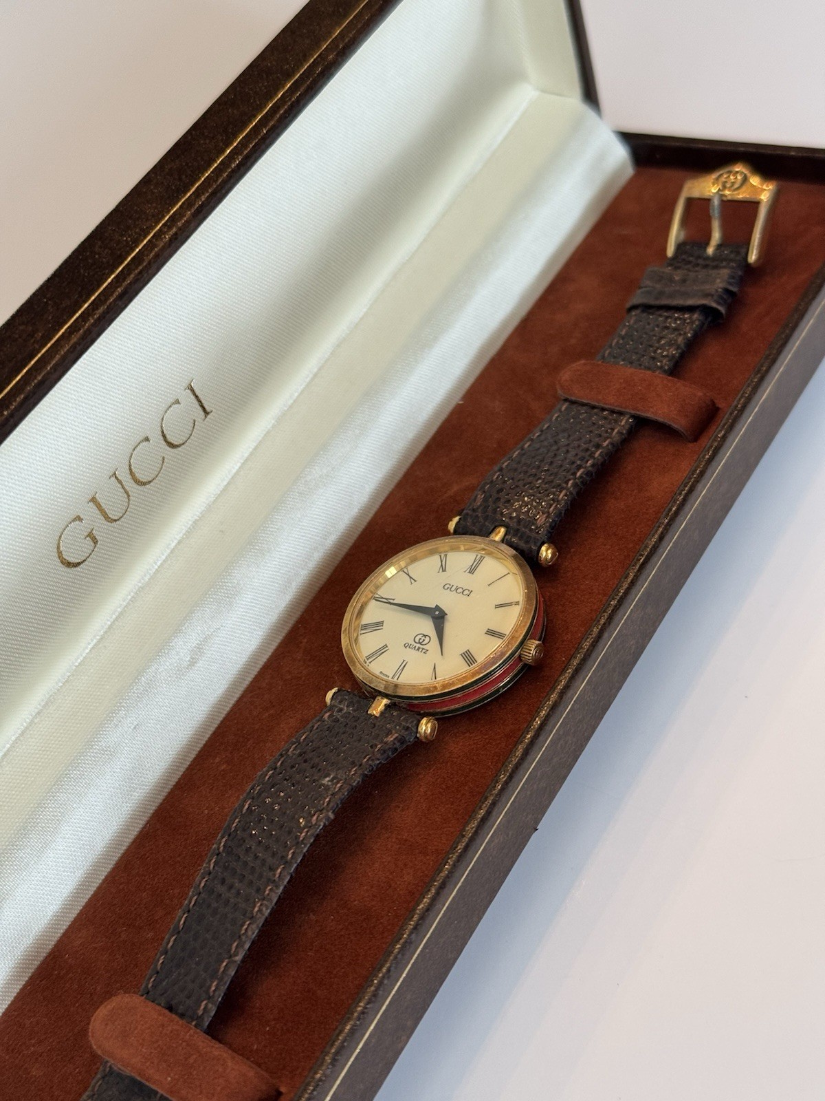 Exc 5 Vintage Gucci 2000L Sherry Line Roman White Gold Qz Women's Watch Japan