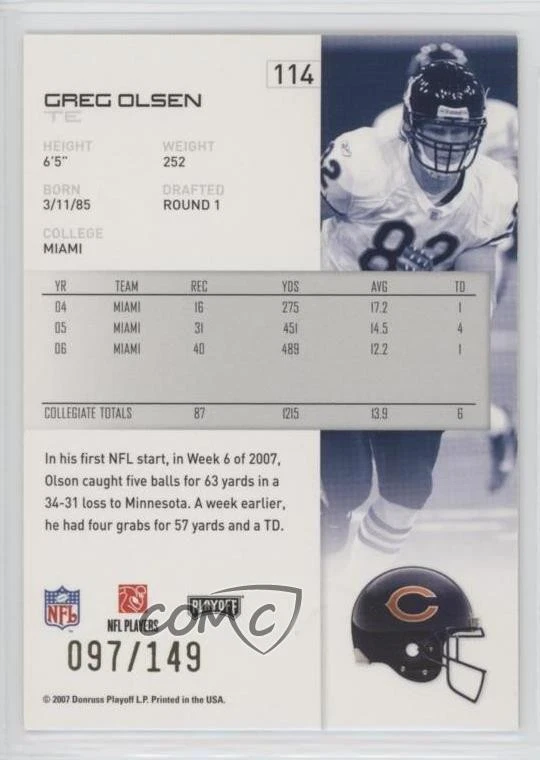 2007 Playoff NFL Playoffs Rookie Gold Metalized /149 Greg Olsen #114 Rookie RC - Image 2 of 2