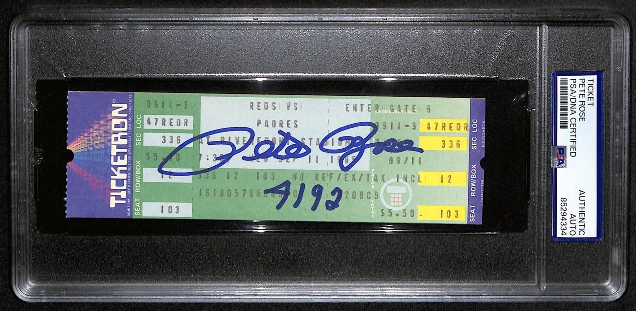 Henry-Mrdan HOF Autographed Signed Pete Rose /Inscr Sept 11, 1985 Full Ticket 4192 Hit Reds PSA/DNA 190598 