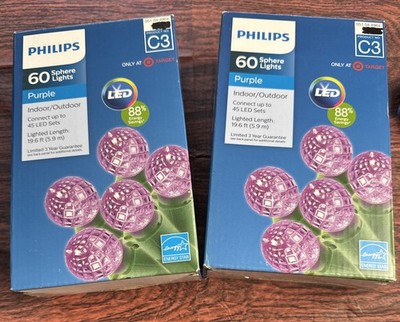 Two Boxes - Philips 60 Purple Sphere Lights Indoor/Outdoor Green Wire NIB BinB