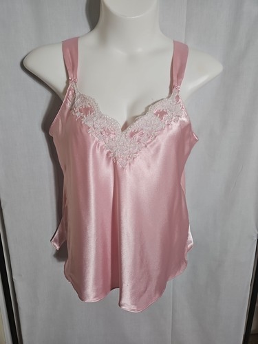 Oscar de la Renta Pink Label Camisole Tank Top Large Pink Satin White Lace Trim