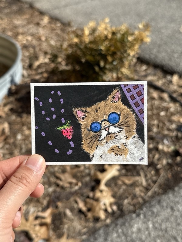 Original ACEO Gouache Cute Cat in Blue Glasses by theilonggaartist