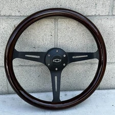15" Black Steering Wheel With Wood Grip and Official Chevy Horn Button - 6 Hole