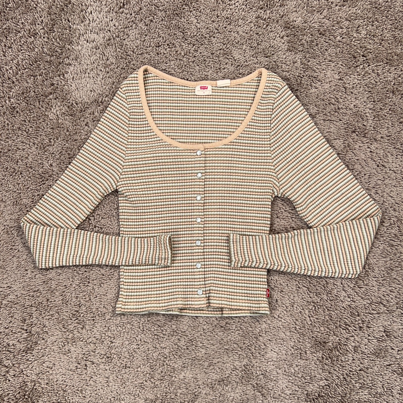 Levis Shirt Womens Medium Beige Green Ribbed Crop Top Britt Pearl Snap Front Y2K