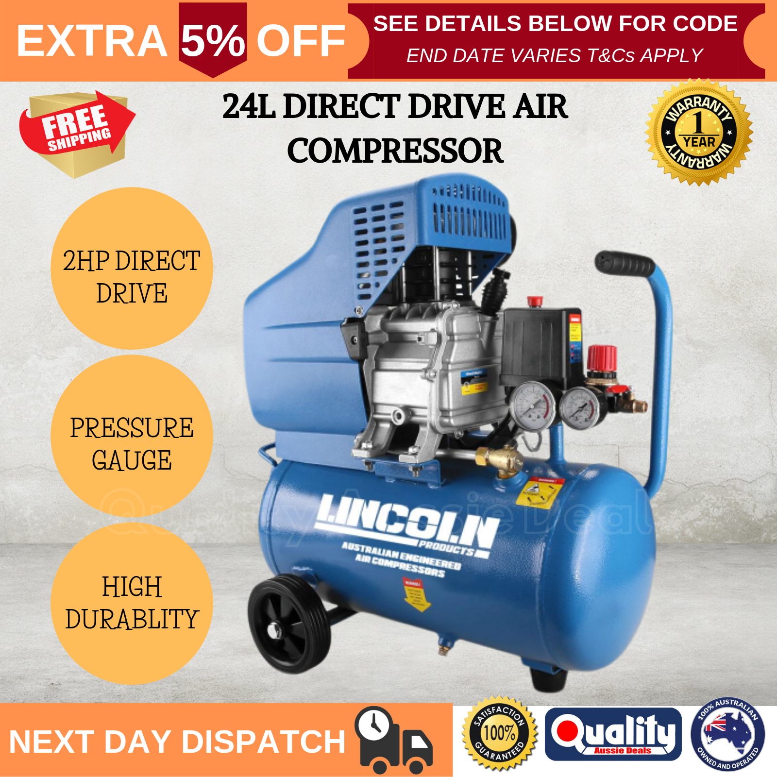 Lincoln Direct Drive Air Compressor 24L 2HP Direct Drive Inflator Pump