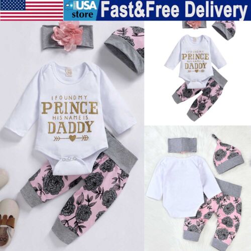 4PCS Newborn Baby Girl Clothes Romper Bodysuit Tops Pants Headband Hat Outfits
