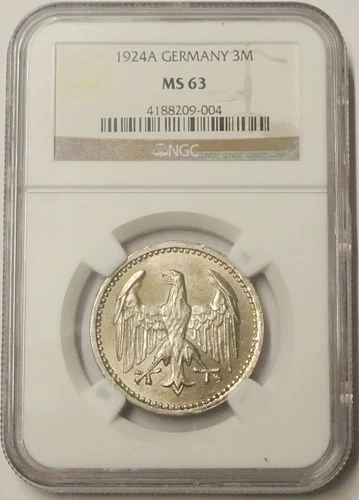 1924-A Germany Wiemar Republic 3 Mark Coin NGC Certified MS63