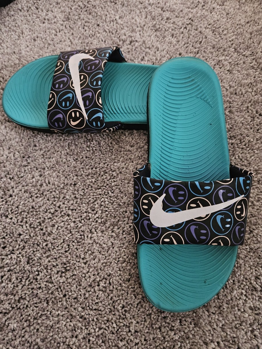 Nike Kawa Kids Youth Size 5 Teal \u0026 Black with Smiley Faces Sandals Slides | eBay UK