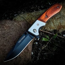 7" Tac Force Black Spring Assisted Open Folding Pocket Knife Wood Handle EDC