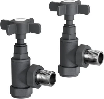 IBATHUK Radiator Valves X2 Pair Grey Standard Connection Angled 15mm Central Heating Tap