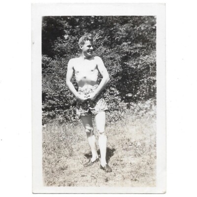Vintage Photo Skinny Shirtless Man Flexing Swimsuit West Rock CT New Haven 1946