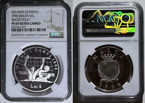 Malta 1996 5 Liri Silver Coin Olympics Games Water Polo NGC PROOF 69 UC Cameo