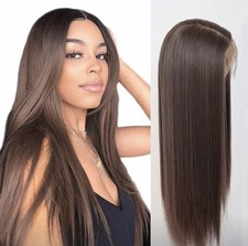 Dark brown Synthetic Hair Invisible Lace Long Straight Frontal Lace Wigs