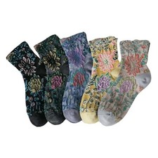 Vintage Embroidered Floral Socks for Women, Combed Cotton 5-8 5 Pairs-set a
