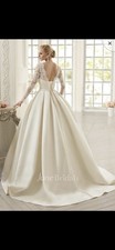 June Bridals Ivory Lace Long Sleeve Satin Ball Gown Wedding Dress Boat Neck