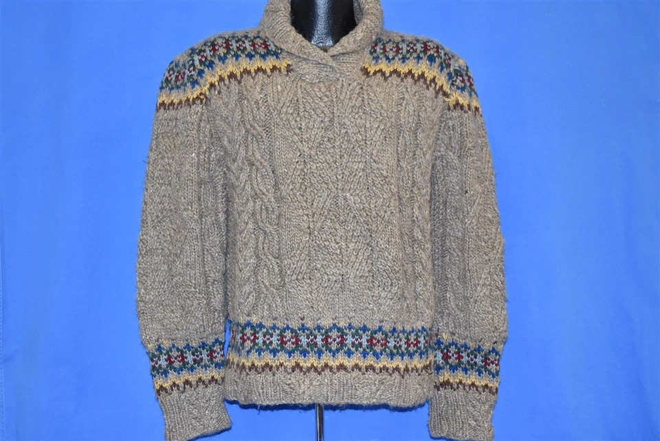 vintage 80s RALPH LAUREN CABLE KNIT SHAWL NECK WOOL GRAY WARM SWEATER MEDIUM M - Image 2 of 4