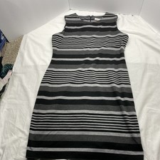 Calvin Klein Striped Sheath Dress Sz 14 Gray Black Sleeveless Workwear Mod Chic