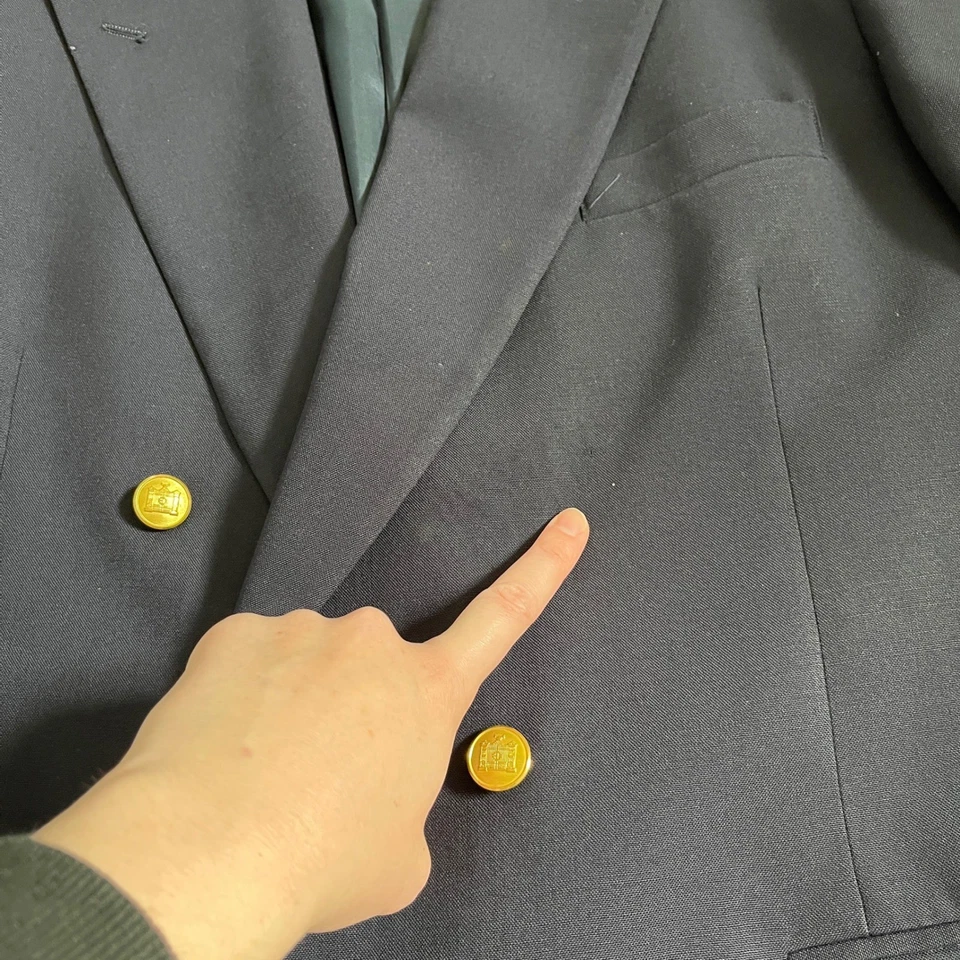 Brooks Brothers Blue/Purple Double Breast Blazer Gold Button Suede Elbow Patches - Image 3 of 4