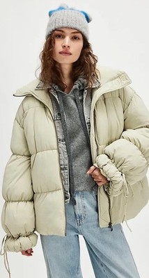 Free People Solid Cotton Candy Puffer Jacket Zip Tie Sleeves Slouchy Green L NWT