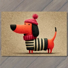 POSTCARD Dachshund Dog Winter Hat Sweater Red Black Striped Cute Whimsical Art