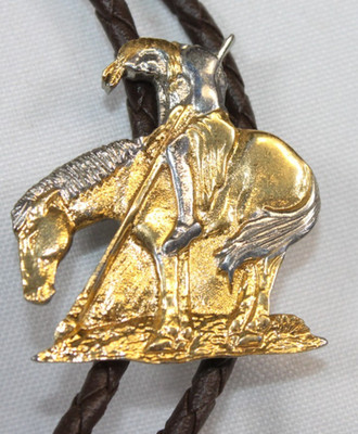 Vtg Raintree Bolo Tie Slide Leather End of the Trail Indian Horse 1989 Gold Slvr