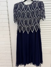 Vintage Laurence Kazar Beaded Sequin Navy Blue Silk Dress PS Small Formal Party