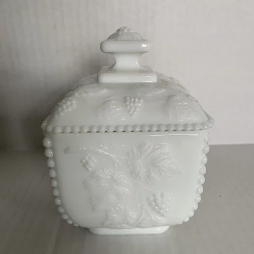 Vintage WESTMORELAND  Milk Glass Candy Dish with Lid - Grape Vine Pattern 1950’s