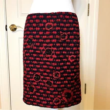 Per Se by Carlisle Red and Black Tweed Skirt with Floral Details Size 10 Career