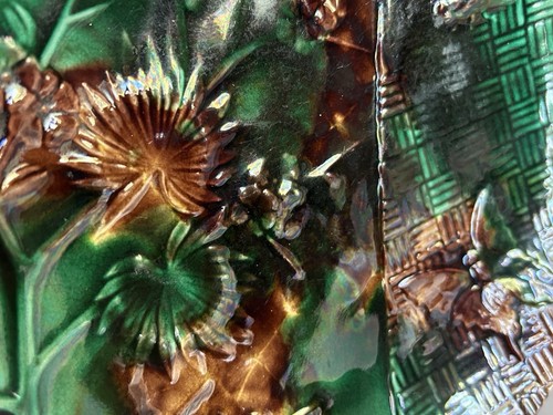 Antiker Wedgwood Majolika Teller 1882 grün braun Blumen Schmetterling 9 Zoll - Bild 10 von 14