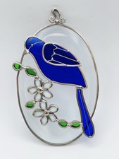 Bluebird Stained Glass Sun Catcher Window Hanger Oval White Flowers Bird Nature