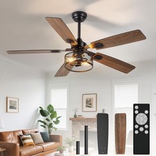 Depuley 52" Caged Ceiling Fan w/ Lights, Remote, 5 Blades, Rustic Industrial
