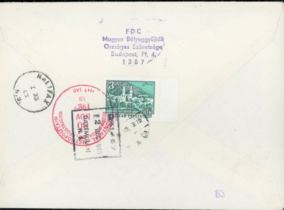 HUNGARY 1983 REGISTERED FDC TO DARMOUTH CANADA, WORLD COMMUNICATIONS YEAR ! LO93 - Image 2 of 2