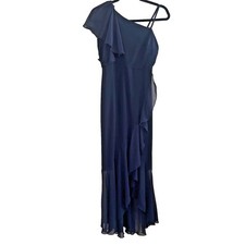 Womens One Shoulder Chiffon Ruffle Maxi Dress 6 Navy Formal Evening Romantic