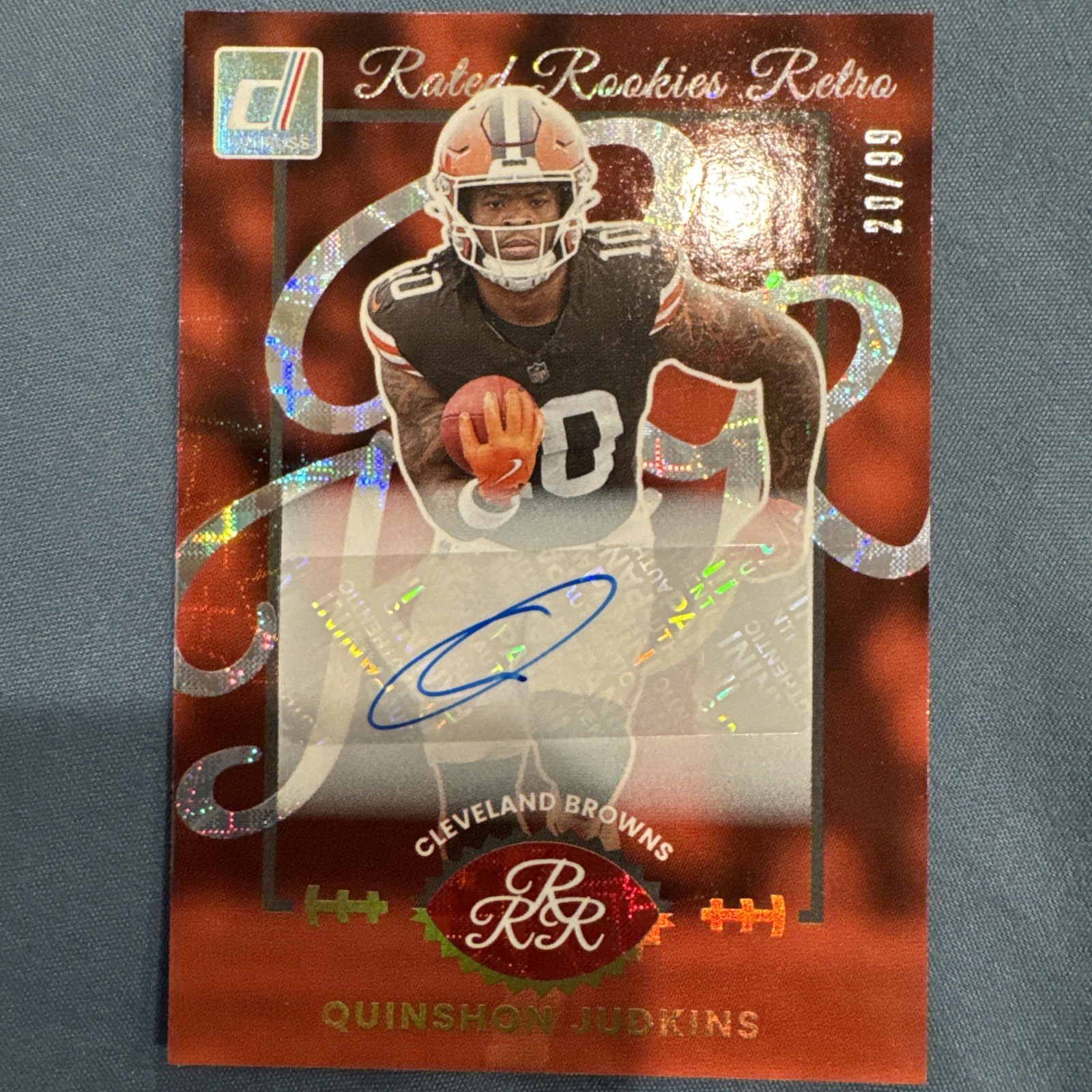 2025 Panini DonRuss Quinshon Judkins Rated Rookie Retro Auto /99 Rookie Card