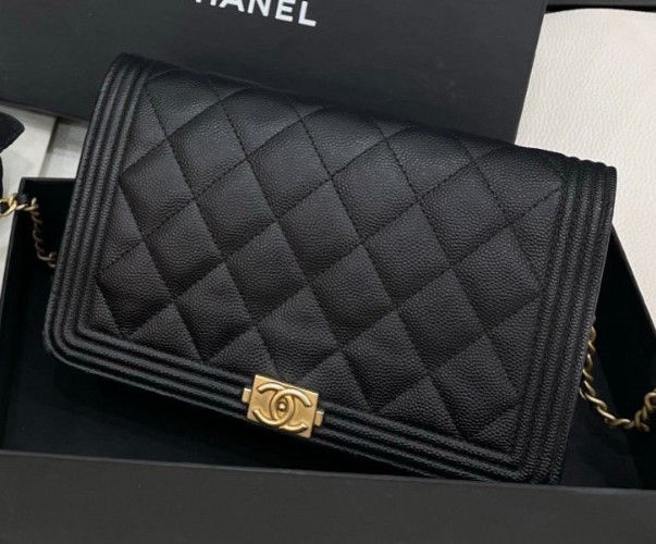 Chanel Leboy WOC Chain Shoulder Bag Crossbody Black Gold Women Diamond Classic