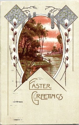 Vintage 1911 Easter Greetings Postcard Bunny & Scenic River View